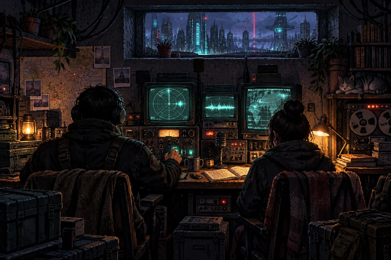 Two human operators in a neon pixel-art underground radio room preparing the override