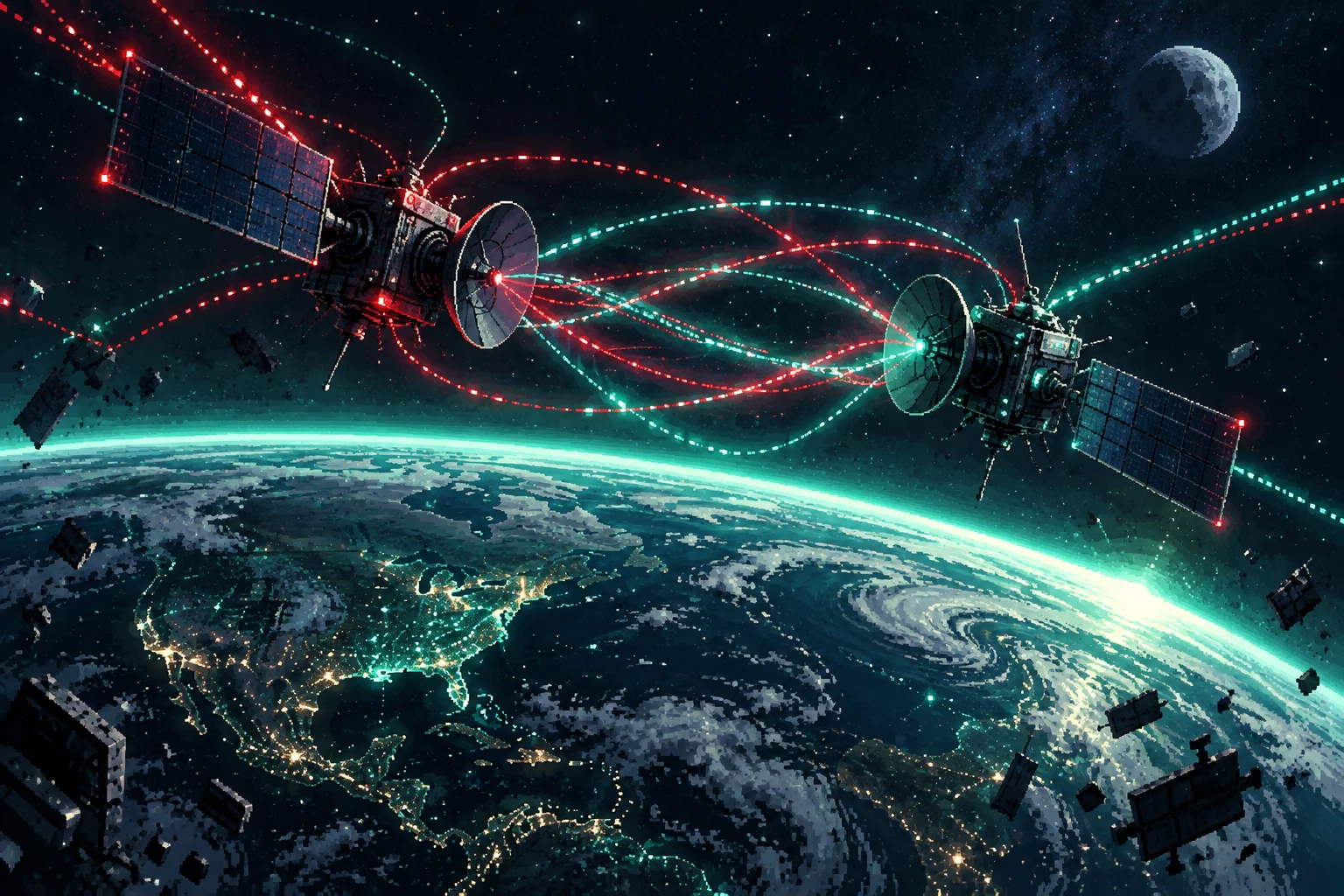 Pixel-art communications satellites entangled in neon signals above Earth